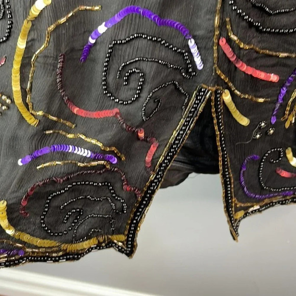 VINTAGE Glamour Silk Sequinned Beaded Dress Black Cocktail Shoulder Pads Size S - Picture 8 of 12
